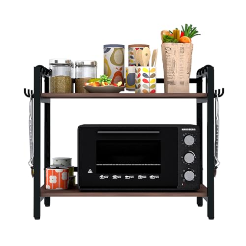 Image of wow craft 2-Layer Multipurpose Microwave Oven Stand & OTG Rack | Floor-Mount Kitchen Storage Shelf with Black Pipe Design | Engineered Wood & Metal Construction | Brown