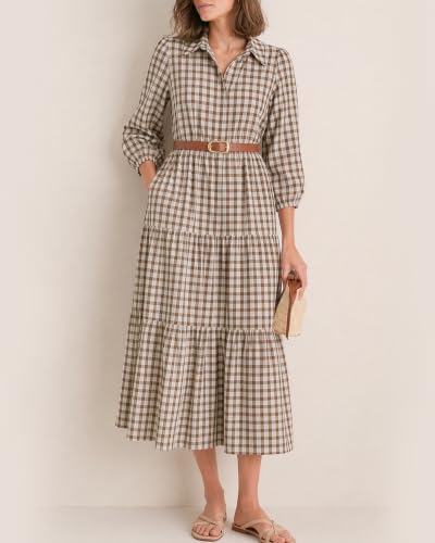 Image of Women Button Down Maxi Shirt Dress Long Sleeve Flowy Tiered Collared Dresses with Pockets