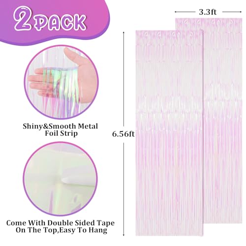 Image of Voircoloria 2 Pack Iridescent Tinsel Foil Fringe Curtains, Iridescent Party Decorations, Metallic Tinsel Party Streamers Backdrop for Mermaid Birthday Baby Shower Slumber Wedding Party Decorations