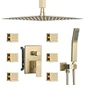 DASAN Full Body Shower System with 6 PCS Body Spray Jets & 12'' Rain Shower Head & Handheld, Ceiling Mount Rain Shower System Brushed Gold Shower Faucets Sets Complete with Valve, SA-SS03ABG-S12C
