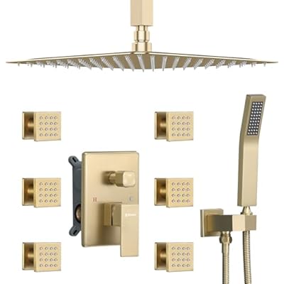 DASAN Full Body Shower System with 6 PCS Body Spray Jets & 12'' Rain Shower Head & Handheld, Ceiling Mount Rain Shower System Brushed Gold Shower Faucets Sets Complete with Valve, SA-SS03ABG-S12C