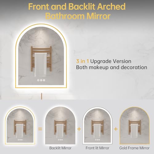 Image of Arched LED Mirror for Bathroom 24 inchx30 inch, Brushed Gold Lighted Bathroom Mirror with Lights, Fogless, Dimmable, Shatterproof, Touch Sensor, 3 Color Changing