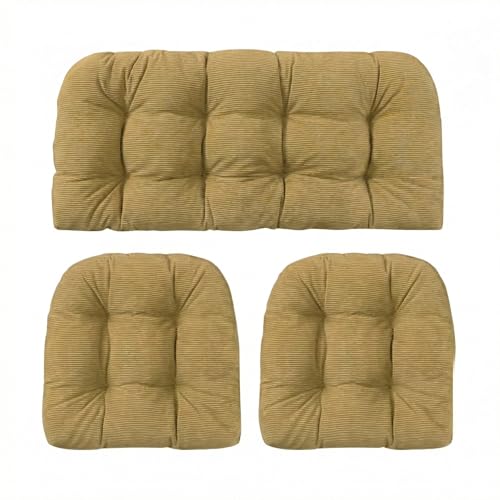 RSH DECOR 3Piece Wicker Tufted Outdoor Chair Cushions for Patio Furniture, Luca Rib Pecan Loveseat Cushion Set, 44” x 22” Bench & 2 Seat Cushions, Wicker Patio Furniture Cushion, Made in USA