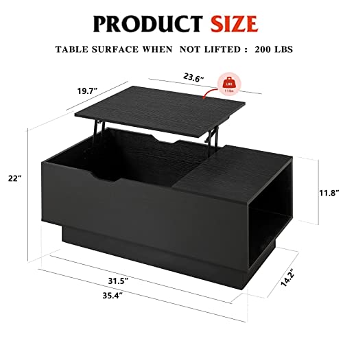 Usikey Lift Top Coffee Table, Coffee Table With Large Hidden Compartment & Side Open Shelf, Modern Wooden Central Folding Table, Rising Tabletop Dining Table For Living Room, Office(Black) #TOP2