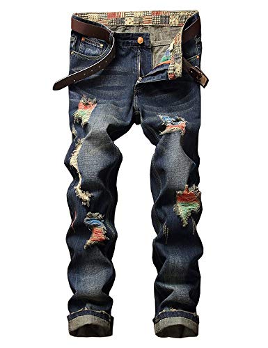 Ylingjun Mens Ripped Distressed Straight Cut Slim Fit Jeans