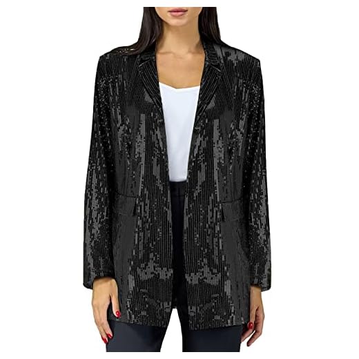 Solapa de Lentejuelas de Color sólido para Mujer Chaqueta Americana Mujer Larga (Black, XXXL)