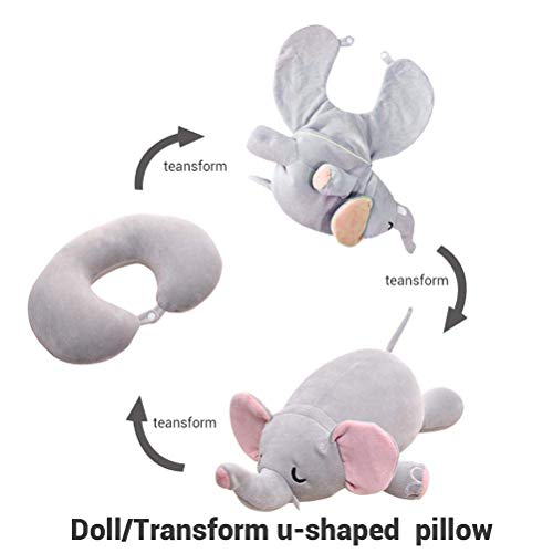 Yissma - Peluche de Juguete con Memoria de Espuma para Viajes, cojín en Forma de U, cojín con Cabeza y Cuello, Adecuado para niños y niñas, Grauer Elefant