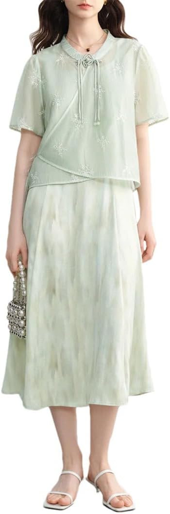 Women's Chinese Style 2 Piece Outfit Stand Collar Sleeveless Top and Skirt Set Summer Oriental Fashion Suit