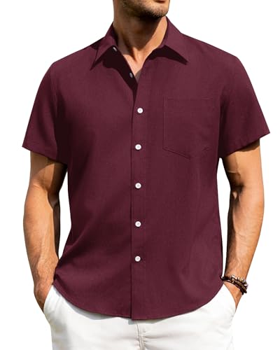 J.VER Short Sleeve Linen Shirts Mens Fashion Burgundy Summer Casual Regular Fit Beach Holiday Button Down Shirt XL