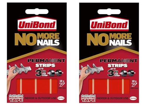 2 x Unibond No More Nails Permanent Strips, Adhesive Strips for Fast & Easy Mounting, Double Sided Sticky Tape for Interior & Exterior Use, Waterproof Tape, Pack of 10 (20 Strips)