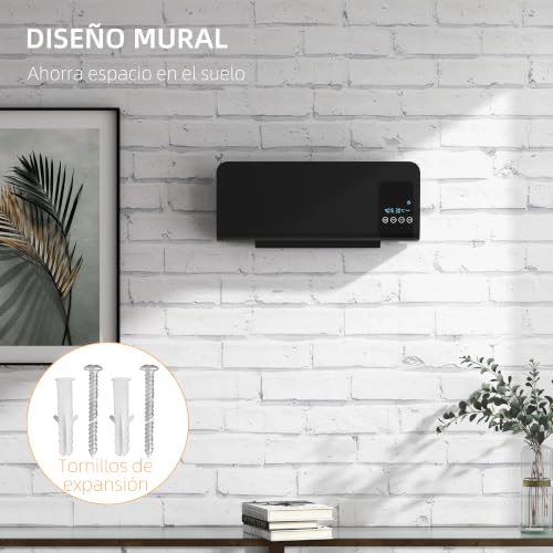 Miniatura 8 de Homcom Calefactor Eléctrico Bajo Consumo, 1000 2000w, Calefactor De Baño De Pared Con Oscilación, Ptc, Pantalla Led, Protección Contra Sobrecalentamiento, Temporizador, Mando, Para 15-20m Negro