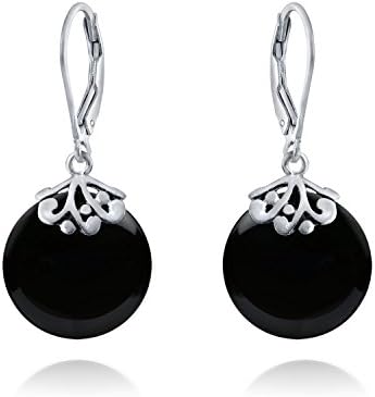 Western Style Filigree Lever Back Blue Red Green Black Gemstones Flat Round Circle Disc Dangle Drops Earrings For Women .925 Sterling Silver