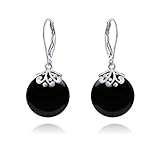 Stile Occidentale Filigrana Lever Back Gemme Onice Nero Piatto Cerchio Rotondo Disco Dangle Orecchini Per Le Donne .925 Sterling Silver