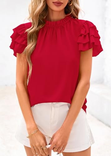 KIRUNDO Womens Blouse 2025 Spring Summer Dressy Casual Ruffle Short Sleeve Frill Mock Neck Work Shirt Tops Fashion Clothing3