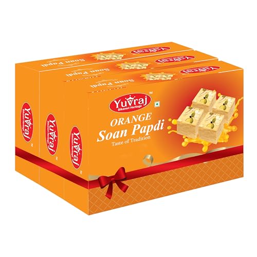 Image of Yuvraj Orange Flavoured Soan papadi (patisa) sweets box (200 gm x 3) Combo pack