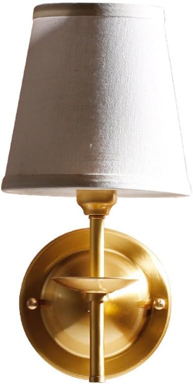 Modern Bedside Wall Sconce with Drum Shape Vintage Farmhouse Wall Mount Lamp Full Brass Light Fabric Lampshade White E14 French Wall Lighting Fixture for Hallways Foyers Study Rooms