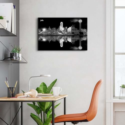 Image of Night Cityscape Wall Art for Bedroom Black and White Wall Decor State of Dallas Texas Skyline Pictures Canvas Prints Modern City Downtown Poster Artwork for Living Room Decoration 16x24 inch Ready to Hang