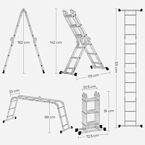 SONGMICS 3.5 m Ladder, Multi-Purpose Aluminium Ladder with 2 Metal Plates and 12 Steps, Articulated, Holds up to 150 kg, Silver GLT36M