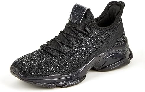 LUCKY STEP Women’s Rhinestone Mesh Slip On Walking Shoes Fashion Breathable Spakle Glitter Sneaker