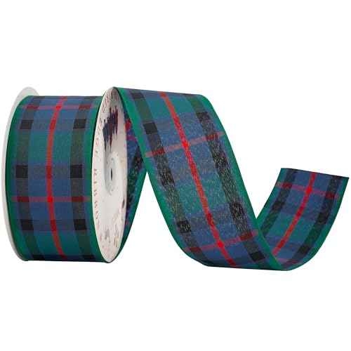 MEEDEE Flower of Scotland Tartan Ribbon 2.5 inch with 25 Yards Gingham Check in Green, Blue with Red and Black Stripes Scottish Plaid Polyester Ribbon for Christmas Tree, Wreath, Bows, Wedding, Crafts