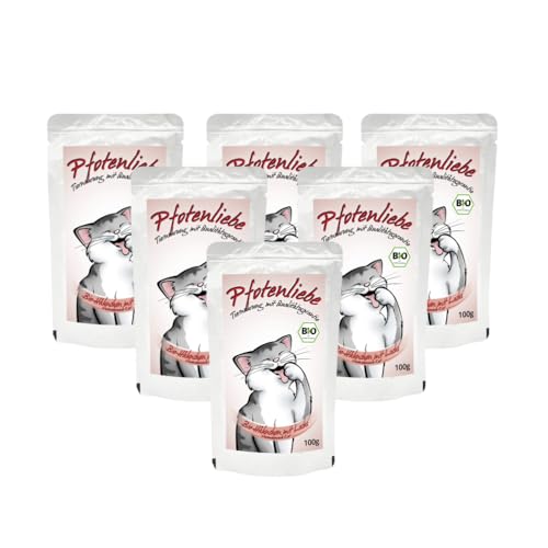 Pfotenliebe Nassfutter für Katzen, Bio-Hähnchen mit Lachsfilet, mit Qualitätsgarantie, Nierenschonende Kost, 6x100g (Pouch)