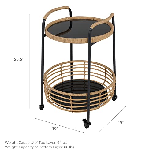 Grand Patio Colosseum Indoor & Outdoor All-Weather Wicker 2-Tier Storage Side Table With Wheels - Round End Coffee Table With Steel Frame And Glass Top - Natural #TOP1
