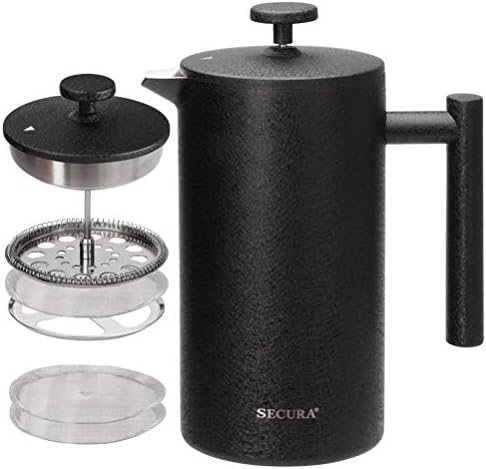 Secura Cafetière French Press Coffee Maker, Stainless Steel Insulated Coffee Press with 3-Layered Stainless Steel Filter Structure, Included 2 Extra Screens, 1 Litre, Matte Black