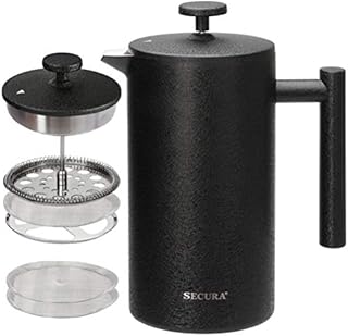 Secura Cafetière French Press Coffee Maker, Stainless Steel Insulated Coffee Press with 3-Layered Stainless Steel Filter Structure, Included 2 Extra Screens, 1 Litre, Matte Black
