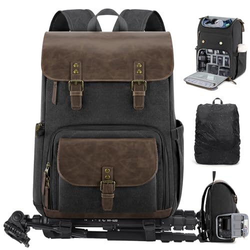 RAINSMORE Camera Bag Professional for DSLR/SLR Mirrorless Waterproof 15.6 Inch Laptop Photography Backpack with Side Access Rain Cover Tripod Holder Large Anti-Theft Camera Backpacks for Photographers