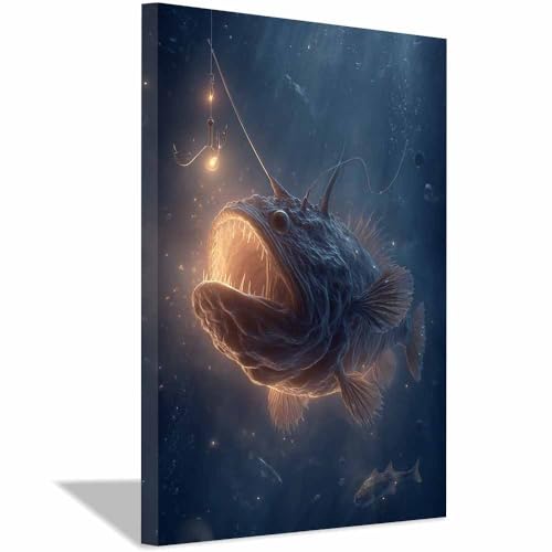Poisson lanterne poster océan grand format 60x90cm, décoration murale encadrée or par CUDAOO
