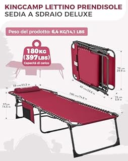 KingCamp Lettino Prendisole Pieghevole Regolabile in 5 Posizioni, Sdraio da Spiaggia Portatile per Giardino, Mare, Piscina, Vacanze e Campeggio