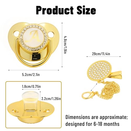 Image of Personalized Baby Pacifier with Bling Design - Golden Letter Pacifier with Pacifier Clip, Custom Name Pacifier for Baby, Curved Ergonomic Design for 6-18 Months (A, Gold)