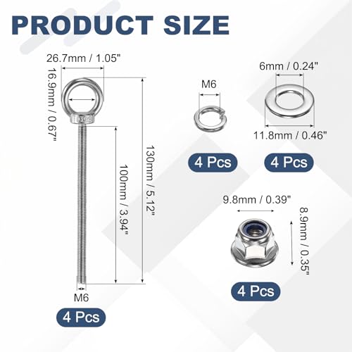 Image of PATIKIL M6 x 100mm Shoulder Eye Bolt, 4 Pcs 304 Stainless Steel Lifting Ring Threaded Eye Bolt with Flange Lock Nuts Spring and Flat Washers for Hanging Tie Down Straps Outdoor Indoor