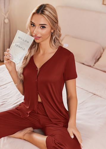 Image of Ekouaer Women's Pajama Sets Short Sleeve Sleepwear Button Up Pj Loungewear Top and Capri Pants with Pockets