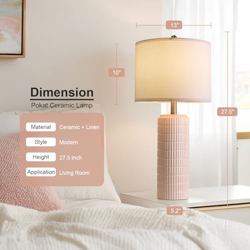 Image of PoKat 27.5 inch Pink Ceramic Table Lamps for Girls Room Set of 2, Modern Bedroom Lamps, Bedside Lamps for Night Stands Living Room, Cute Lamps Pink Decor, Nightstands Desk Nursery