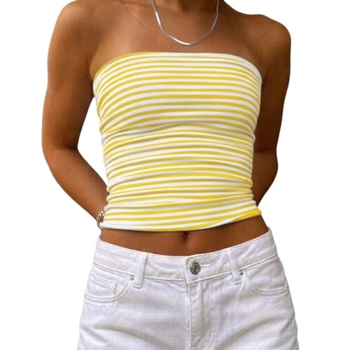 Womens Cute Striped Tube Tops Y2K Strapless Bandeau Sleeveless Backless Crop Top Casual Spring Summer Going Out Outfits