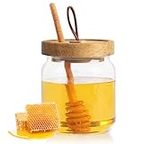 MEETOZ Pot à miel en verre, équipé d'un bâton de miel en bois, couvercle en bois d'acacia, distributeur de miel, pot à miel, distributeur de verre, pour la cuisine domestique – 500 ml