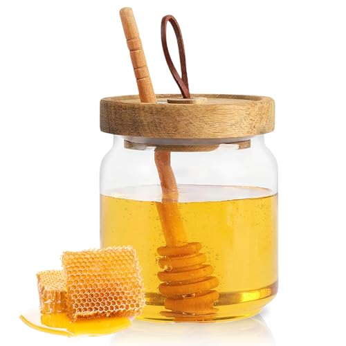 MEETOZ Glass Honey Pot, Equipped with Wooden Honey Stick,Acacia wood lid, Honey Pot Glass Holder Dispenser, For home kitchens - 500 ml ﻿