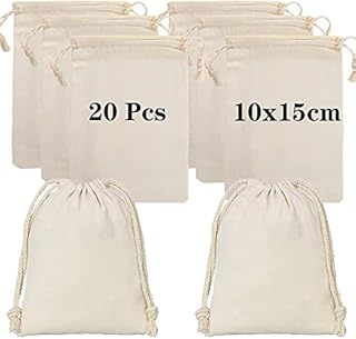 Lanjue 20 Pack Cotton Muslin Bags, White Mini 10x15cm Drawstring Gift Bags Breathable Pouches Reusable Packing Storage Bags for Wedding Party Festival