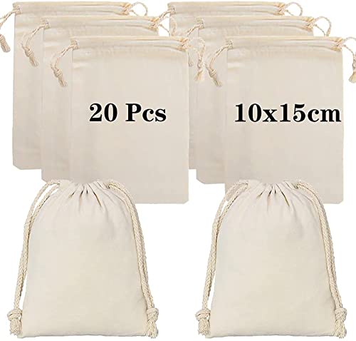 Lanjue 20 Pack Cotton Muslin Bags, White 10x15cm Drawstring Gift Bags Breathable Pouches Reusable Packing Storage for Wedding Party Festival