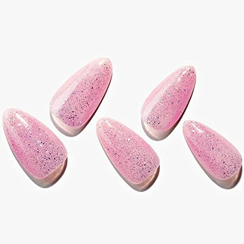 Press on Nails Short Medium Almond GLAMERMAID Glitter Pink Handmade Glue on Nails for Mother's Day with Shimmer Design Acrylic False Nail Kits Stick Fake Nails for Women Reusable Full Cover Gel Nails 24Pcs