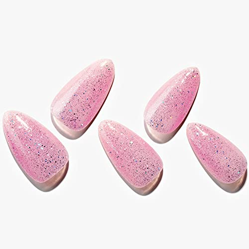 Press On Nails Short Medium Almond Glamermaid Glitter Pink Handmade Glue On Nails For Mother's Day With Shimmer Design Acrylic False Nail Kits Stick Fake Nails For Women Reusable Full Cover Gel Nails 24Pcs #TOP4