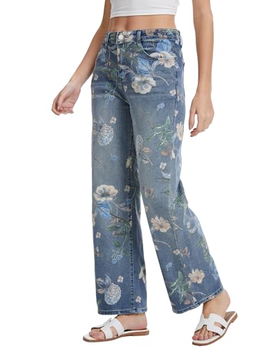 Vintage Floral Jeans for Women 90s High Rise Wide Leg Casual Stretchy Denim Pants Trendy Pantalones De Mujer4