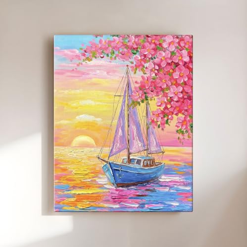Image of ArtX Boat Canvas Painting for Vastu, Colorful Landscape Wall Art, Cherry Blossom Nature Canvas Painting, Gallery Wrapped Canvas for Living Room, Bedroom, Office Decor, 45 x 58 cm