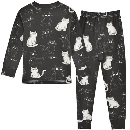 Pigsaly Pajama Set 2 Piece White Black Cats Pajama Sets Long Sleeve Pjs Sleepwear 8Y2