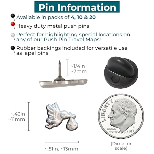 Image of Stork Carrying Baby Map Pins - Silver Stork Pins for Cork Boards, Maps, or Lapel Use - Designed in USA - Set of 4