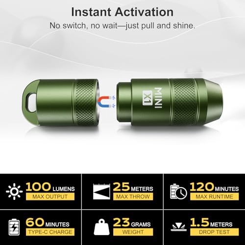 Image of Mini Keychain Flashlight - Instant On Pull to Light, 100 Lumens Tiny EDC Flash Light, USB-C Rechargeable Micro LED Torch, Waterproof IPX6, for Everyday Carry, Emergency & Outdoor Use (Green)