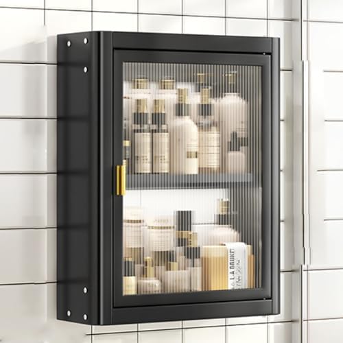 2-4 Layer Floating Bathroom Medicine Cabinet - Space-Saving Over Toilet Storage Organizer with 2 Acrylic Doors, No Drill Modern Black & White Finish for Cosmetics & Kitchen, 30x14x71cm
