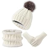 Women Winter Hat Gloves Scarf Set Beanie Knit Warm Neck Scarves Touchscreen Glove Fleece Lined Cold Weather 3 Pack Warmer Wool Cap with Pom White Woman Unisex Adult Ladies para Mujer Gorros