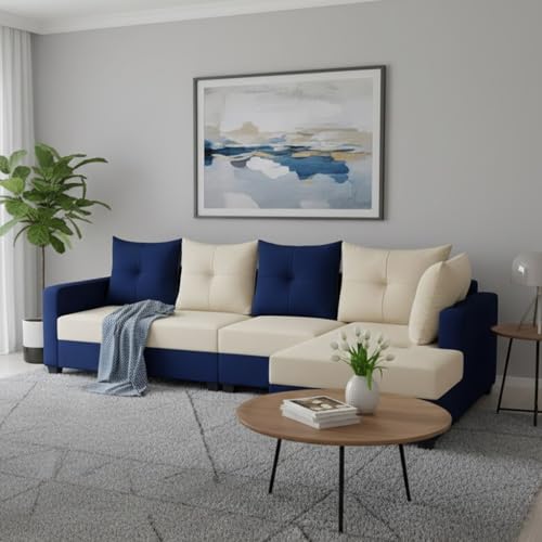 Image of SOCOZI Oriana 6 Seater RHS L Shape Sofa Set | Soft Velvet Suede Fabric | Modern Design | Plush Comfort Cushions for Living Room (Dark Blue-Cream)